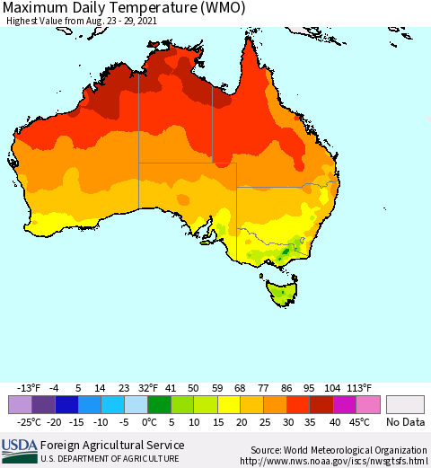 Australia Maximum Daily Temperature (WMO) Thematic Map For 8/23/2021 - 8/29/2021