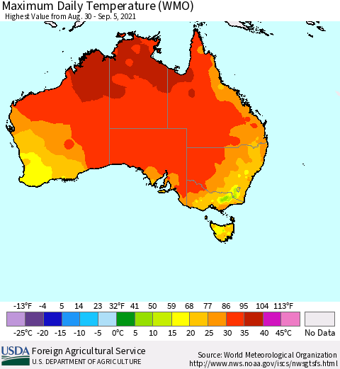 Australia Maximum Daily Temperature (WMO) Thematic Map For 8/30/2021 - 9/5/2021
