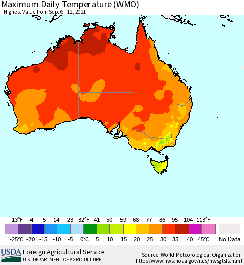 Australia Maximum Daily Temperature (WMO) Thematic Map For 9/6/2021 - 9/12/2021