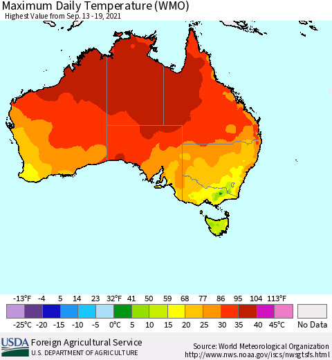 Australia Maximum Daily Temperature (WMO) Thematic Map For 9/13/2021 - 9/19/2021