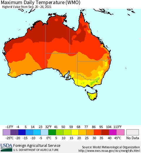Australia Maximum Daily Temperature (WMO) Thematic Map For 9/20/2021 - 9/26/2021