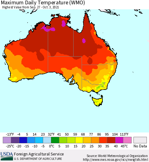 Australia Maximum Daily Temperature (WMO) Thematic Map For 9/27/2021 - 10/3/2021