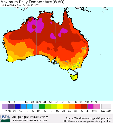 Australia Maximum Daily Temperature (WMO) Thematic Map For 10/4/2021 - 10/10/2021