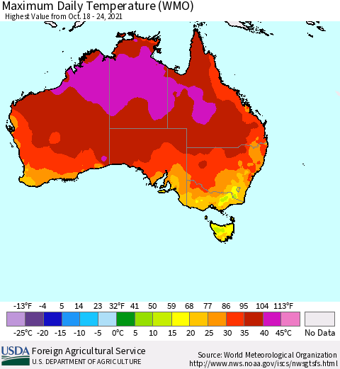 Australia Maximum Daily Temperature (WMO) Thematic Map For 10/18/2021 - 10/24/2021