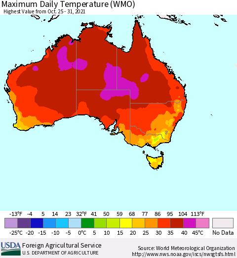 Australia Maximum Daily Temperature (WMO) Thematic Map For 10/25/2021 - 10/31/2021