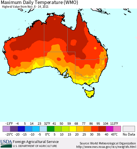 Australia Maximum Daily Temperature (WMO) Thematic Map For 11/8/2021 - 11/14/2021