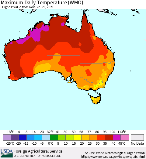 Australia Maximum Daily Temperature (WMO) Thematic Map For 11/22/2021 - 11/28/2021