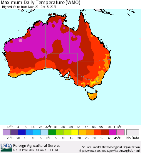 Australia Maximum Daily Temperature (WMO) Thematic Map For 11/29/2021 - 12/5/2021