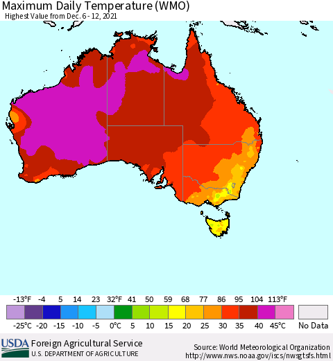 Australia Maximum Daily Temperature (WMO) Thematic Map For 12/6/2021 - 12/12/2021