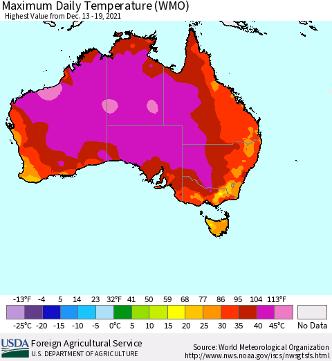 Australia Maximum Daily Temperature (WMO) Thematic Map For 12/13/2021 - 12/19/2021