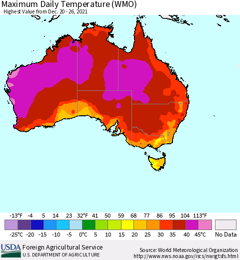 Australia Maximum Daily Temperature (WMO) Thematic Map For 12/20/2021 - 12/26/2021
