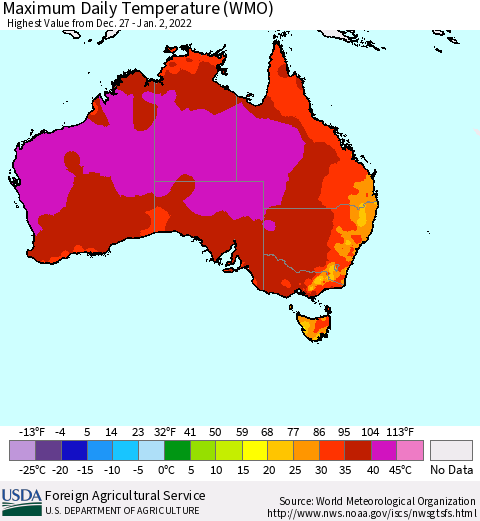 Australia Maximum Daily Temperature (WMO) Thematic Map For 12/27/2021 - 1/2/2022