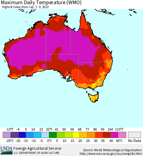 Australia Maximum Daily Temperature (WMO) Thematic Map For 1/3/2022 - 1/9/2022