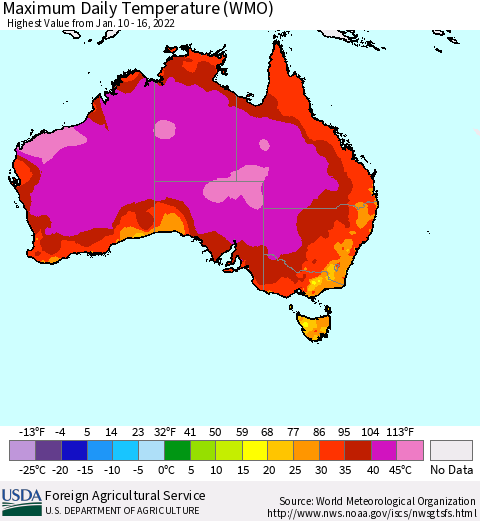Australia Maximum Daily Temperature (WMO) Thematic Map For 1/10/2022 - 1/16/2022