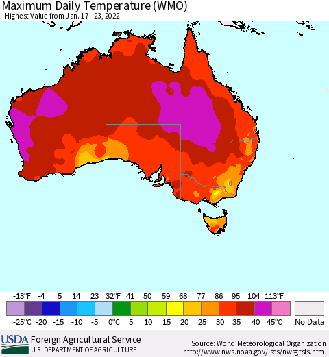 Australia Maximum Daily Temperature (WMO) Thematic Map For 1/17/2022 - 1/23/2022