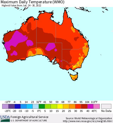 Australia Maximum Daily Temperature (WMO) Thematic Map For 1/24/2022 - 1/30/2022