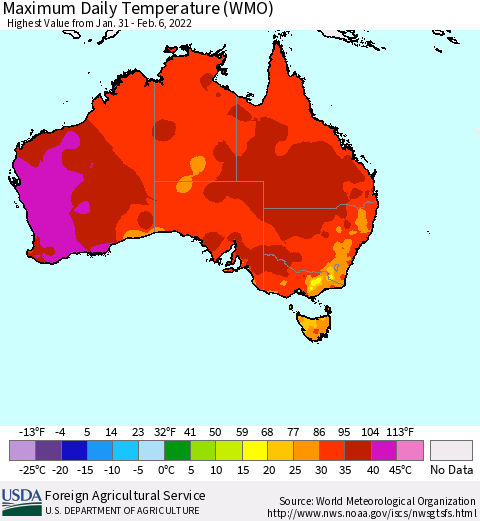 Australia Maximum Daily Temperature (WMO) Thematic Map For 1/31/2022 - 2/6/2022