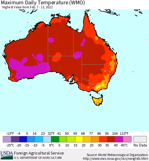 Australia Maximum Daily Temperature (WMO) Thematic Map For 2/7/2022 - 2/13/2022
