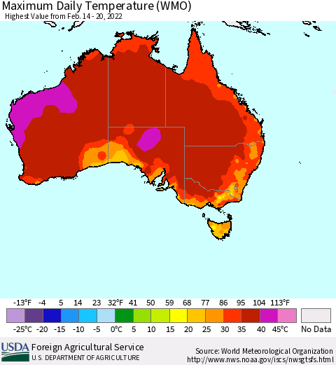 Australia Maximum Daily Temperature (WMO) Thematic Map For 2/14/2022 - 2/20/2022