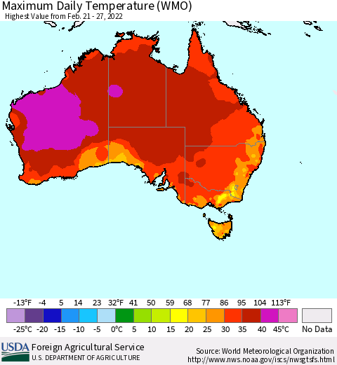 Australia Maximum Daily Temperature (WMO) Thematic Map For 2/21/2022 - 2/27/2022