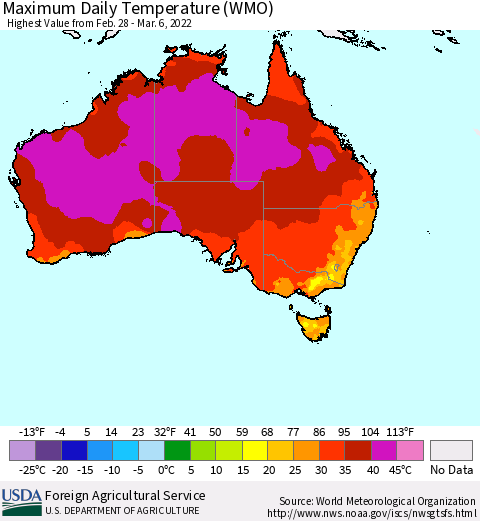 Australia Maximum Daily Temperature (WMO) Thematic Map For 2/28/2022 - 3/6/2022