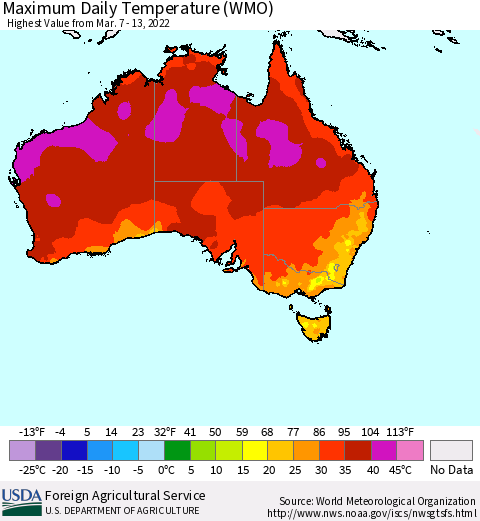Australia Maximum Daily Temperature (WMO) Thematic Map For 3/7/2022 - 3/13/2022