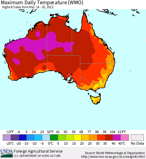 Australia Maximum Daily Temperature (WMO) Thematic Map For 3/14/2022 - 3/20/2022