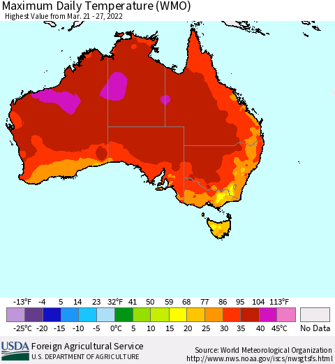 Australia Maximum Daily Temperature (WMO) Thematic Map For 3/21/2022 - 3/27/2022