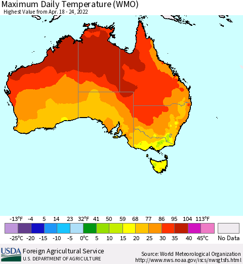 Australia Maximum Daily Temperature (WMO) Thematic Map For 4/18/2022 - 4/24/2022
