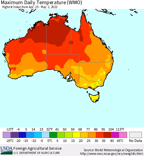 Australia Maximum Daily Temperature (WMO) Thematic Map For 4/25/2022 - 5/1/2022