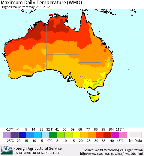 Australia Maximum Daily Temperature (WMO) Thematic Map For 5/2/2022 - 5/8/2022