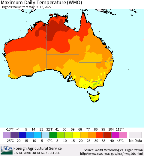 Australia Maximum Daily Temperature (WMO) Thematic Map For 5/9/2022 - 5/15/2022
