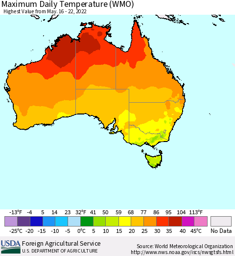 Australia Maximum Daily Temperature (WMO) Thematic Map For 5/16/2022 - 5/22/2022