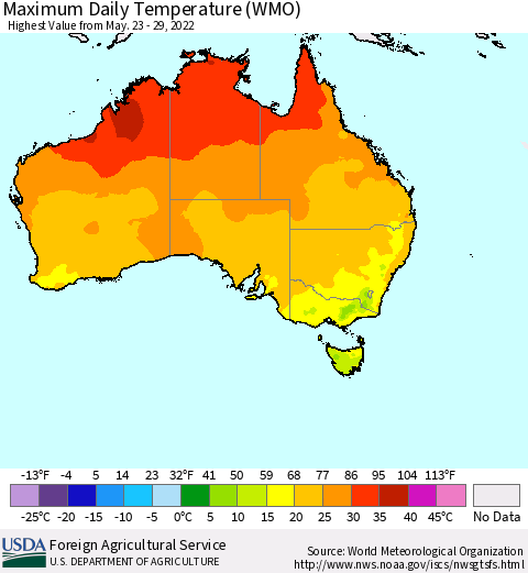 Australia Maximum Daily Temperature (WMO) Thematic Map For 5/23/2022 - 5/29/2022