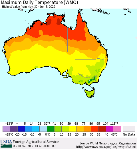Australia Maximum Daily Temperature (WMO) Thematic Map For 5/30/2022 - 6/5/2022