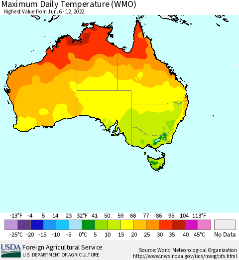 Australia Maximum Daily Temperature (WMO) Thematic Map For 6/6/2022 - 6/12/2022