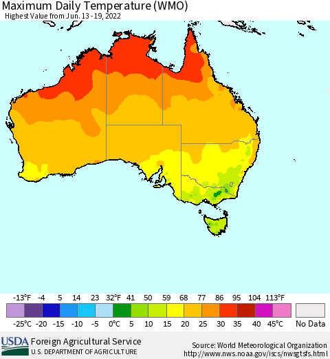 Australia Maximum Daily Temperature (WMO) Thematic Map For 6/13/2022 - 6/19/2022