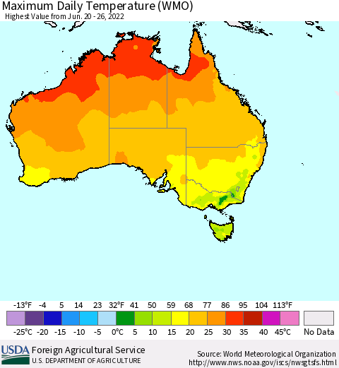 Australia Maximum Daily Temperature (WMO) Thematic Map For 6/20/2022 - 6/26/2022