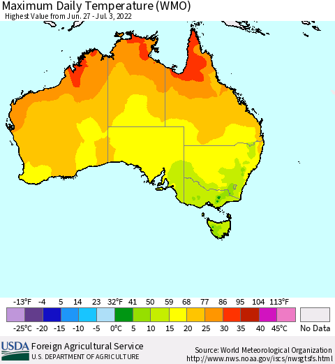 Australia Maximum Daily Temperature (WMO) Thematic Map For 6/27/2022 - 7/3/2022