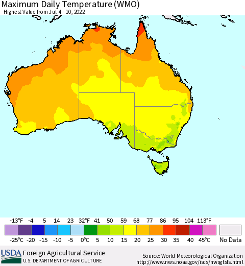 Australia Maximum Daily Temperature (WMO) Thematic Map For 7/4/2022 - 7/10/2022
