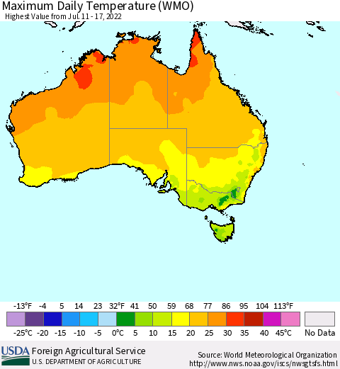 Australia Maximum Daily Temperature (WMO) Thematic Map For 7/11/2022 - 7/17/2022