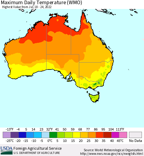 Australia Maximum Daily Temperature (WMO) Thematic Map For 7/18/2022 - 7/24/2022