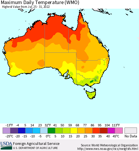 Australia Maximum Daily Temperature (WMO) Thematic Map For 7/25/2022 - 7/31/2022