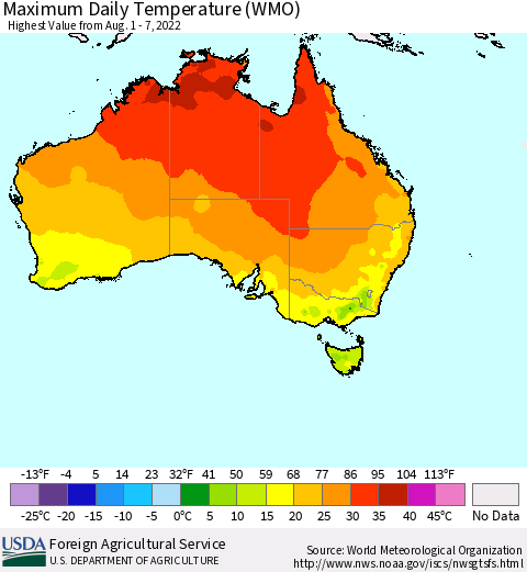 Australia Maximum Daily Temperature (WMO) Thematic Map For 8/1/2022 - 8/7/2022