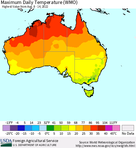 Australia Maximum Daily Temperature (WMO) Thematic Map For 8/8/2022 - 8/14/2022