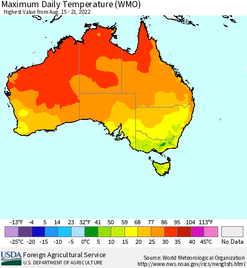 Australia Maximum Daily Temperature (WMO) Thematic Map For 8/15/2022 - 8/21/2022