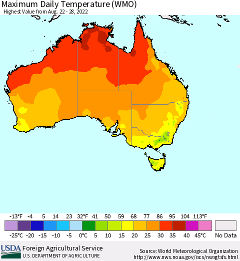 Australia Maximum Daily Temperature (WMO) Thematic Map For 8/22/2022 - 8/28/2022
