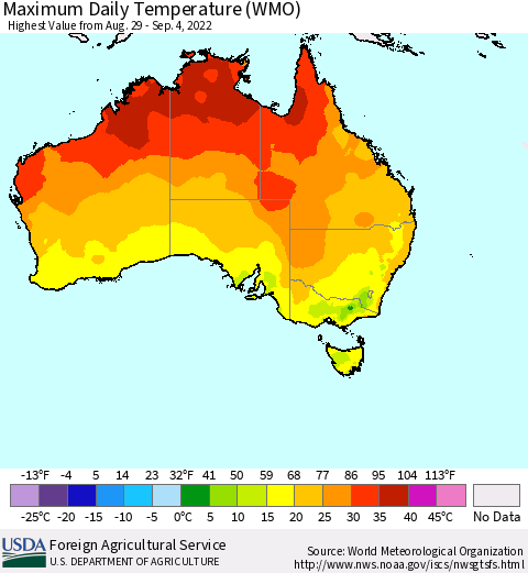 Australia Maximum Daily Temperature (WMO) Thematic Map For 8/29/2022 - 9/4/2022