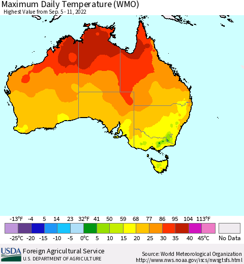 Australia Maximum Daily Temperature (WMO) Thematic Map For 9/5/2022 - 9/11/2022