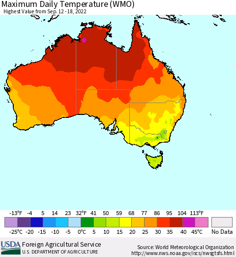 Australia Maximum Daily Temperature (WMO) Thematic Map For 9/12/2022 - 9/18/2022